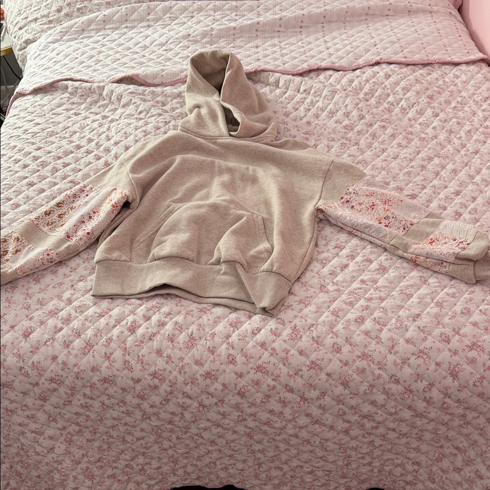 Women's Beige Hoodie with Floral Sleeves